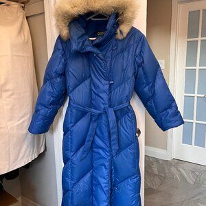 Vintage '80s Canadian Made Women's Full Length Down Coat w. hood, Blue, Size 10